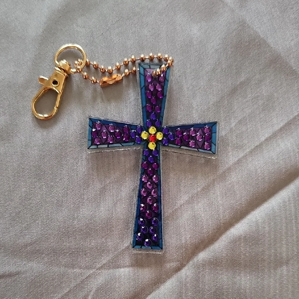 Double Sided Purple Rhinestone Cross Keychain